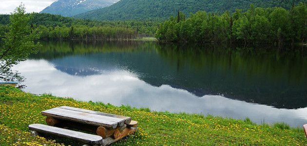 wood picnic bench sits on grass in the foreground while a serene blue lake mirrors a mountain and trees.