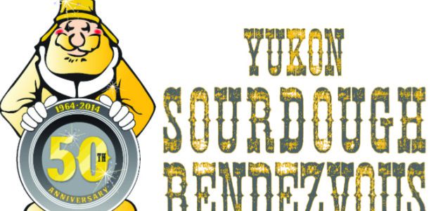 Gold Panner holds "50th" Anniversary Gold Pan of the Yukon Sourdough Rendezvous, black and yellow, Westmark Hotels