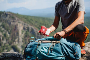 First aid kit in hiking backpack