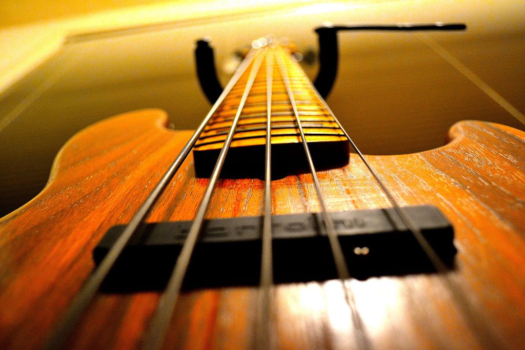 view of strings and a bass guitar up the handle.